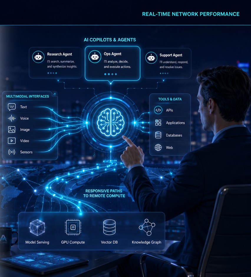 Illustration of an interactive AI agent exchanging requests and responses with remote compute over a measured network path.