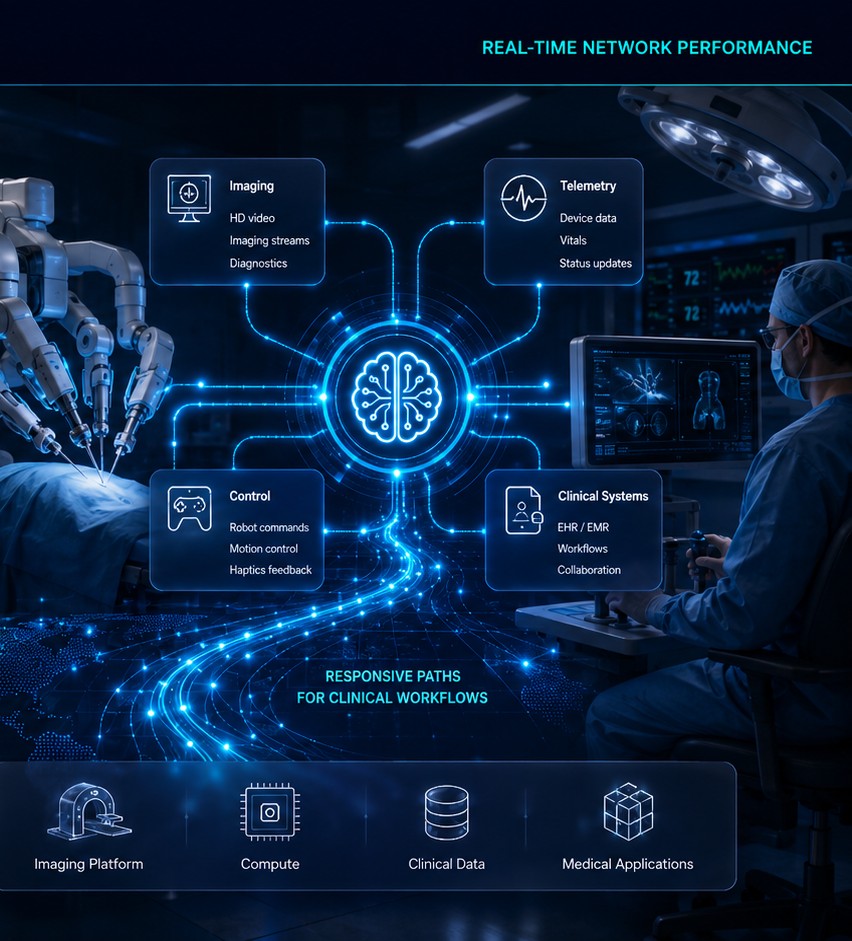 Illustration of medical robotics and clinical imaging systems connected over a real-time network path.