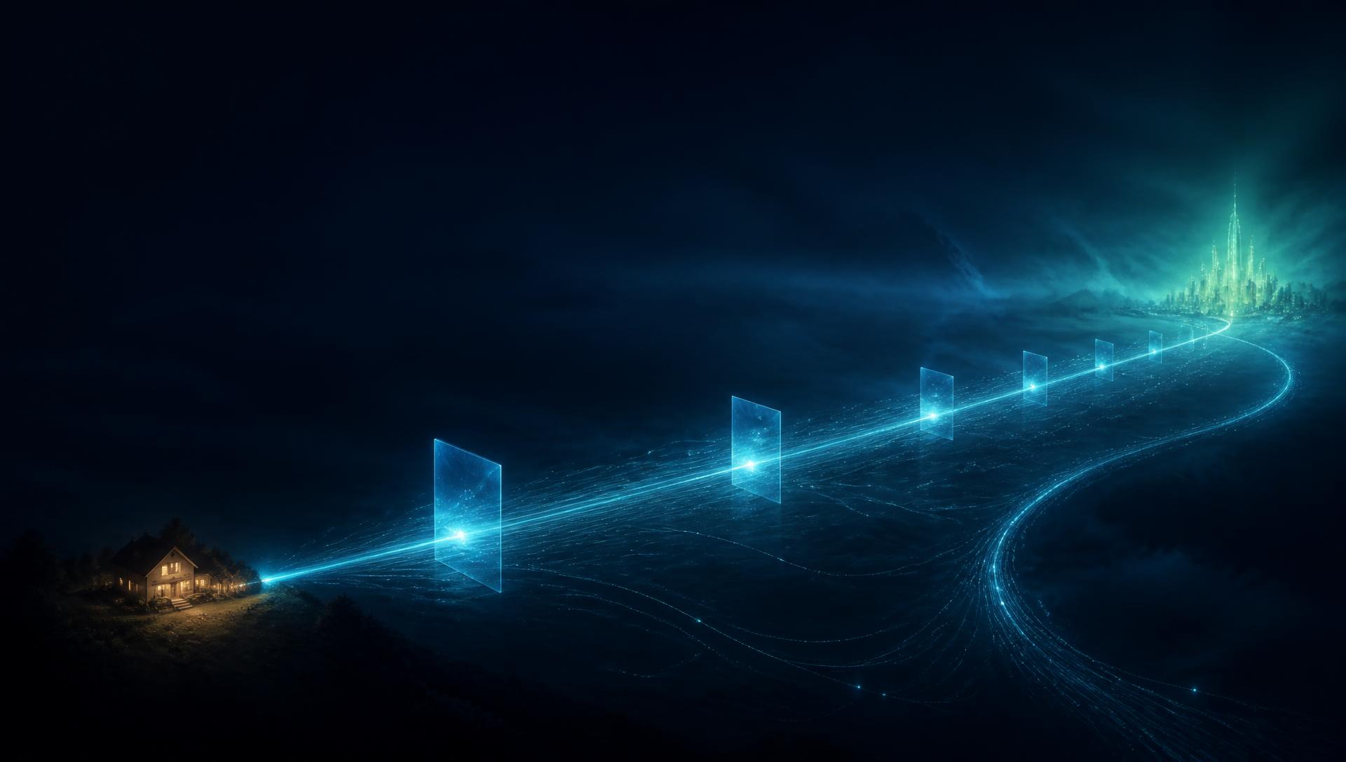 A conceptual illustration of a signal path travelling from a home, through waypoints, to a distant compute location.
