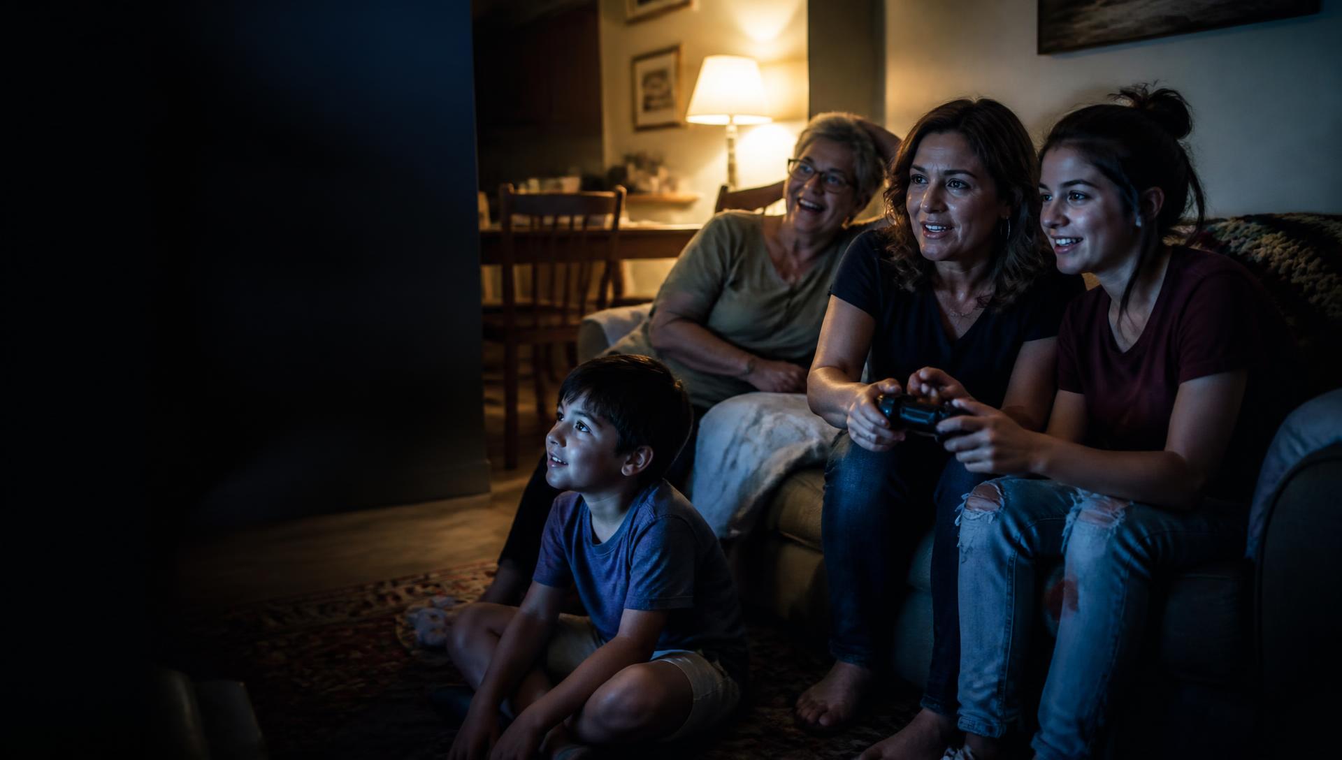 A family in a small-town living room playing an online game together in the evening.
