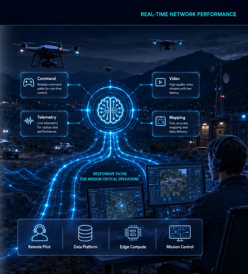 Illustration of drone operations with command, telemetry, video and mapping traffic returning to a remote pilot.