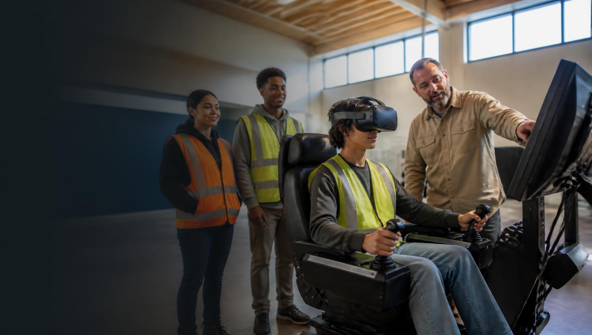 A participant using an industrial simulator in a community training center while an instructor guides them.
